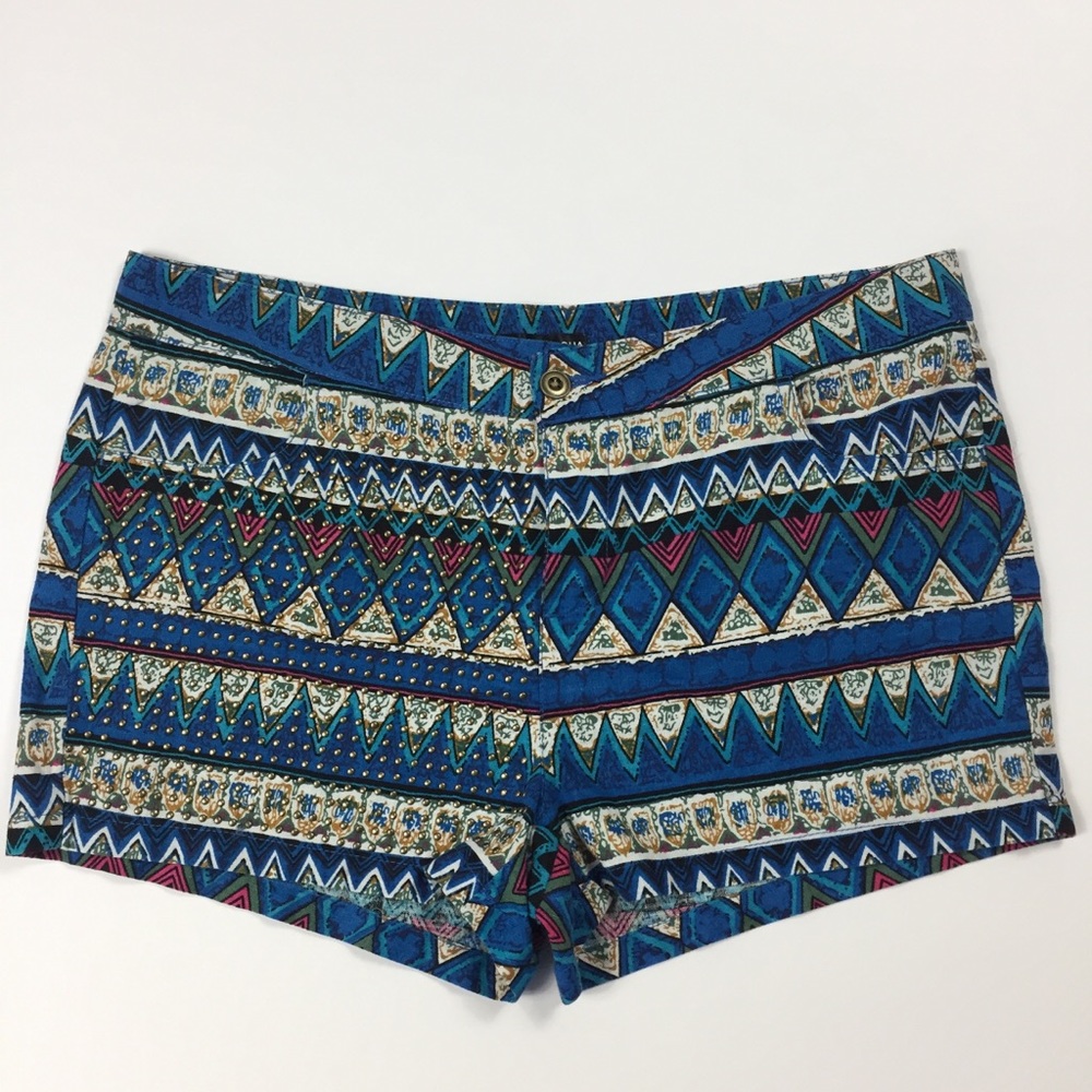 Aqua tribal print studded shorts